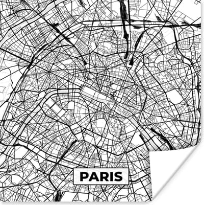 Poster Parijs - Frankrijk - Plattegrond - Paris - Stadskaart - Kaart - Zwart wit - 100x100 cm XXL