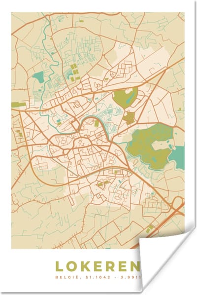 Poster Vintage - Lokeren - Stadskaart - Plattegrond - Kaart - 120x180 cm XXL