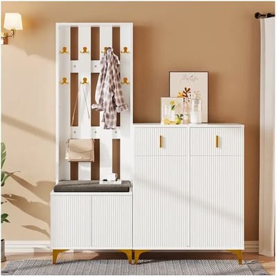 Merax Schoenenkast + schoenenbankset met kussen - Spaanplaat - Wit