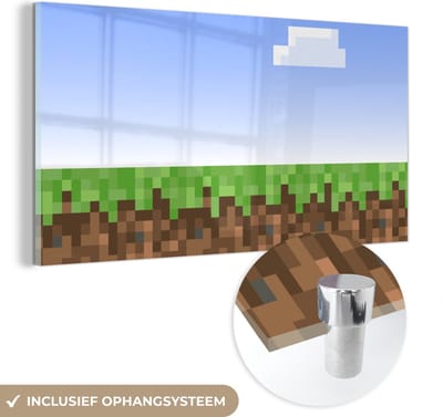 MuchoWow® Glasschilderij 120x60 cm - Schilderij acrylglas - Gaming - Pixel - Gamen - Gras - Foto op glas - Schilderijen