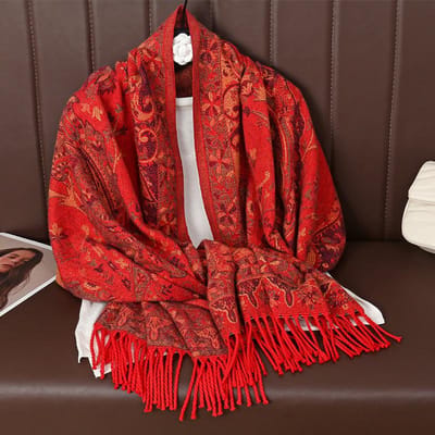 Luxe Winter Pashmina Sjaal Dames Roze Paisley Borduurwerk Sjaals Kasjmier Dikke Stolen Dame Elegant Poncho Buiten Bufanda 65X180cm red
