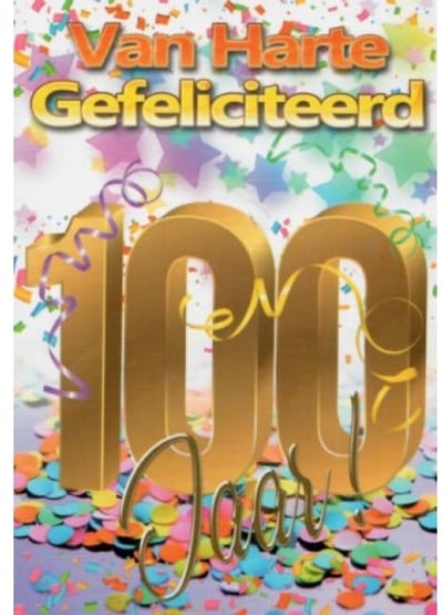 Van harte gefeliciteerd, je bent 100 jaar geworden! Een kleurrijke kaart met diverse stippen in verschillende kleuren. Leuk om zo te geven of om bij een cadeau te voegen! Een dubbele wenskaart inclusief envelop en in folie verpakt.