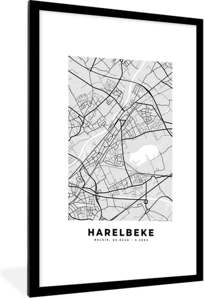 Fotolijst incl. Poster Zwart Wit- Plattegrond – Harelbeke – Zwart Wit – Stadskaart - Kaart - 60x90 cm - Posterlijst