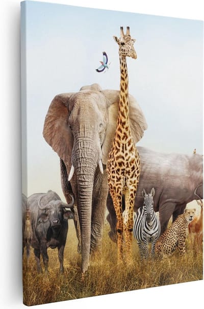 Artaza Canvas Schilderij Safaridieren - 40x50 cm - Wanddecoratie Leeuw En Zebra - Muurdecoratie Afrika - Kamer Accessoires