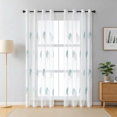 Qelus 2 Stuks Luxe Geborduurde Vitrage - 140x145 cm - Transparant Boommotief - Kant en Klaar Gordijn met Ringen Blauw - Sfeervolle Raamdecoratie voor Woonkamer & Slaapkamer