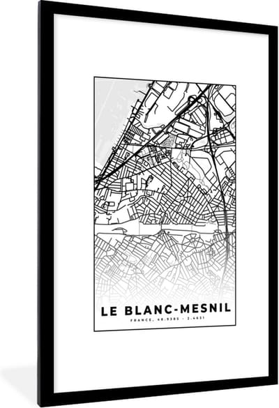 Fotolijst incl. Poster Zwart Wit- Plattegrond - Kaart - Frankrijk - Stadskaart - Le Blanc-Mesnil - Zwart wit - 80x120 cm - Posterlijst
