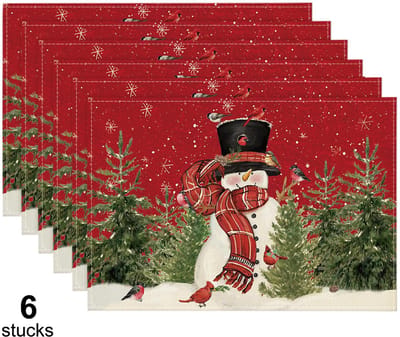 Blazelife Kerstmis Placemats - Duurzaam PVC en Polyester - Onderzetters - Hittebestendig - Makkelijk schoon te maken - 45 x 30 cm - Kerstsneeuwpop - Set van 6 stuks