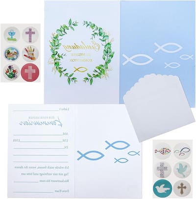 Allecto Plus - Uitnodigingskaarten Communie en Doop - 12 stuks met enveloppen en stickers - Jongens en meisjes - Eerste Communieviering