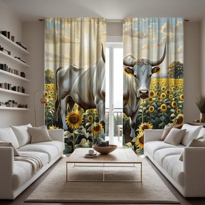 2 pièces Tournesol de Jardin HD Nuage Blanc Bison Rideau Décoratif Jaune Cravate Rideau Imprimé Numériquement Style de Décoration de Maison decora W52H63inchW132H160cm black