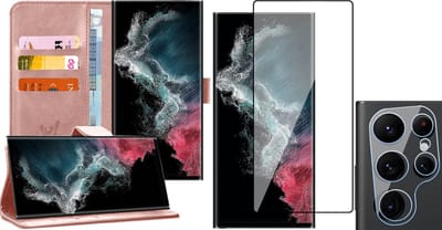 Hoesje geschikt voor Samsung Galaxy S22 Ultra - Book Case Kunstleer Wallet Cover Portemonnee Pasjeshouder Hoes Roségoud - PET Glasfolie Screenprotector - Camera Lens Tempered Glass Protector