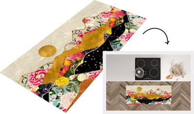 Keukenloper - Loper keuken - Bloemen - Goud - Marmer - 120x50 cm - Keukenloper vinyl