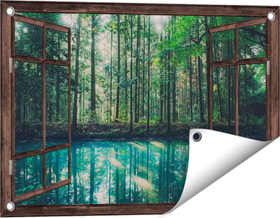 Gards Tuinposter Doorkijk Bos bij een Groen Meer - 60x40 cm - Tuindoek - Tuindecoratie - Wanddecoratie buiten - Tuinschilderij