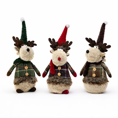EasyMart – Kerstdecoratie Rendieren Set van 3 – 40 cm – Pluche Kerstfiguren – Groen/Rood/Bruin