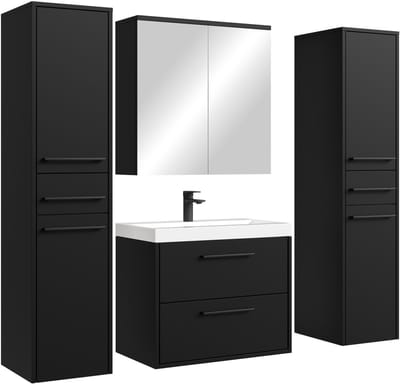 Badplaats Badkamermeubel Set Florence 60 cm XL – Zwart Mat – Hangend Badmeubel met Wastafel, Spiegelkast en Zijkasten
