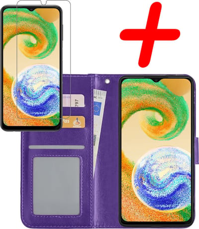 Hoesje Met Screenprotector - Geschikt voor Samsung Galaxy A04s - Luxe Pasjeshouder - Bookcase Portemonee - Flip Case - Kunstleer Book Case - Flipcase - Book Cover - Walletcase - Portemonneehoes - Paars