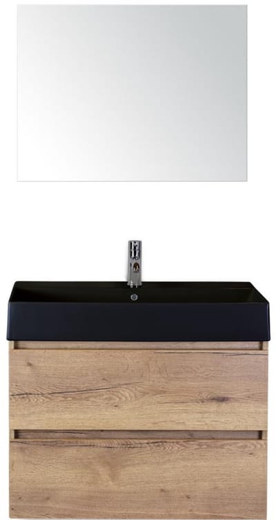 Maxx XL Badmeubelset 80 cm - Natuur Eiken - Wastafel Kube Zwart 1 Kraangat met Spiegel
