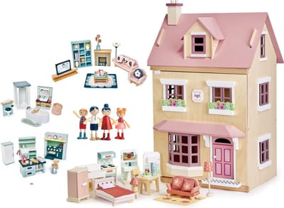 [E] Tender Leaf uniek houten poppenhuis Villa Foxtail XXL 3 verdiepingen inclusief houten poppen familie woonkamer keuken slaapkamer en badkamer meubels- 40 x 72 x 90 cm cm