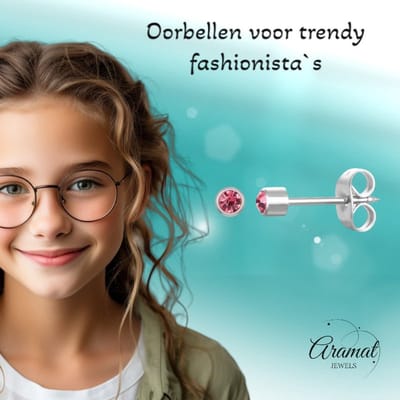 Aramat Jewels | Oorbellen | Stalen Schietoorbellen met Kristalsteentje | Zilverkleur / 3mm / Roze | |3mm | Staal | Kinderen, Volwassenen | Verkleurd niet