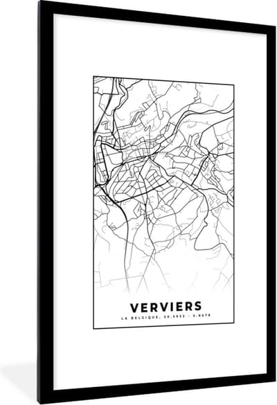 Fotolijst incl. Poster Zwart Wit- België – Verviers – Stadskaart – Kaart – Zwart Wit – Plattegrond - 80x120 cm - Posterlijst