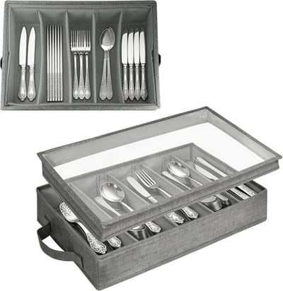 Bestekbak met deksel, 5 vakken, verstelbaar, bestek, opbergdoos met handgrepen, bestekbox, bestekorganizer voor laden, opslag voor bestek, messen, camping, reizen (42,5 x 29 x 8 cm)