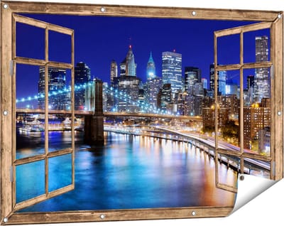 Gards Tuinposter Doorkijk Skyline New York in het Centrum - 120x80 cm - Tuindoek - Tuindecoratie - Wanddecoratie buiten - Tuinschilderij