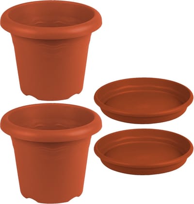 3x stuks ronde plantenpotten terra cotta met opvangschaal met diameter 18 cm - Kunststof - Buiten gebruik