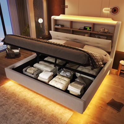 Gestoffeerd Bed - 140x200 cm - Zwevend Design met LED, USB-C en Opbergruimte - Linnen - Beige
