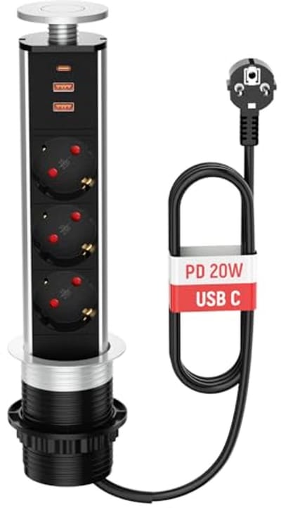 Inklapbaar Tafelstopcontact met USB C en 3 Stopcontacten