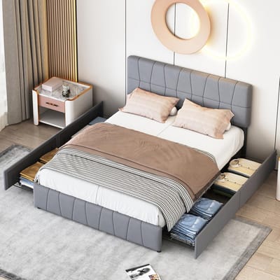 Tweepersoonsbed 160x200 cm met 4 lades en lattenbodem - Gevoerd Bedframe Grijs