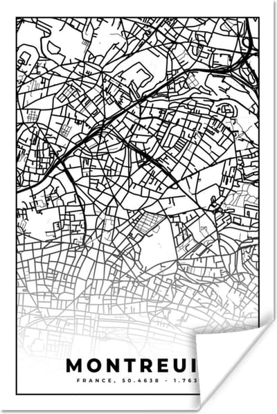 Poster Kaart - Plattegrond - Frankrijk - Stadskaart - Montreuil - Zwart wit - 120x180 cm XXL