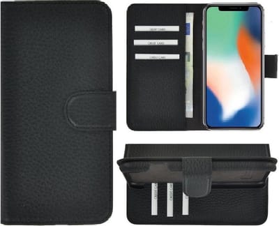Geschikt voor iPhone X hoesje – Xs hoesje - Bookcase - Portemonnee Hoesje Echt leer Wallet case Geribbeld Zwart
