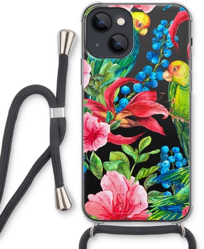 Case Company® - Hoesje met koord geschikt voor iPhone 13 mini hoesje met Koord - Papegaaien - Telefoonhoesje met Zwart Koord - Bescherming aan alle Kanten en Over de Schermrand