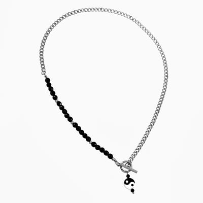 Ketting Dames - Onyxkralen - Roestvrij Staal - Cubaanse Schakelketting - Yin Yang Hanger