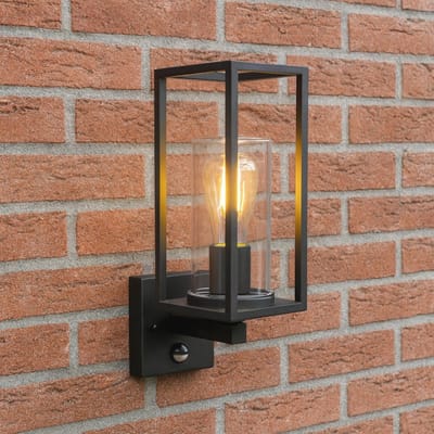 Zwarte buitenlantaarn met PIR bewegingssensor voor tuin, terras, garage en oprit - IP44, 220-240 V