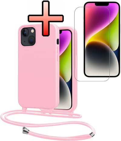 Hoes Geschikt voor iPhone 13 Mini Met Telefoonkoord Met Screenprotector - Siliconen Hoesje Backcover Met Ketting - Lichtroze