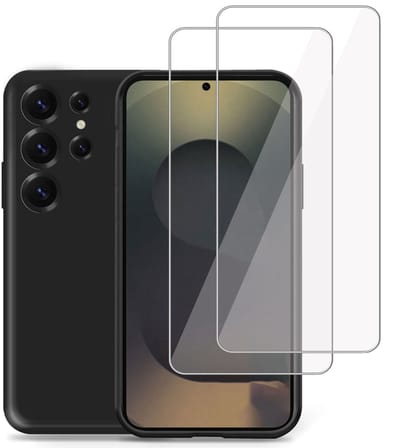 Technow hoesje + 2x Screenprotector geschikt voor Samsung S25 Ultra – Tempered Glass - Liquid Back Case Cover Zwart