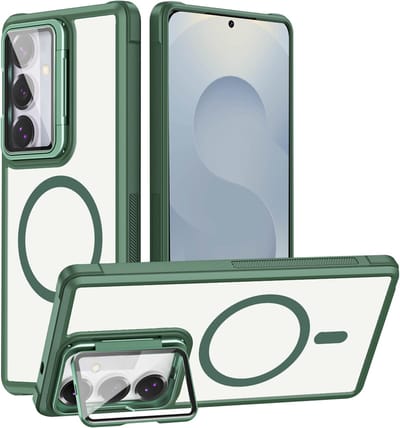 Casemania Hoesje Geschikt voor Samsung Galaxy S26 - Magnetische Transparante Backcover met Groene Bumper - Camera Shield Kickstand met Volledige Camera Bescherming - Geschikt voor MagSafe