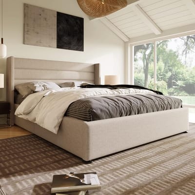 Soweiz Storage Bed, Upholstered Bed, Hydraulic Double Bed, Wooden Slatted Frame, Bed with Metal Frame Slatted Frame, Linen, Beige (180 x 200 cm)