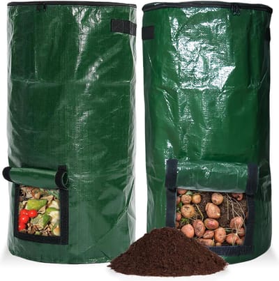 Herbruikbare stand up compostbak met deksel - 2 stuks - snelcompostzak - opvouwbare kunststof container voor tuin en balkon - 34 gallon