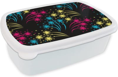 Broodtrommel Wit - Lunchbox - Brooddoos - Vuurwerk - Patroon - Oud en Nieuw - 18x12x6 cm - Volwassenen