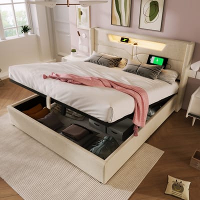VVBV Gestoffeerd Opbergbed 140x200 cm - LED-Verlichting, USB-C Laadstation, Lades, Opbergruimte - Linnen Beige Zonder M - 435B