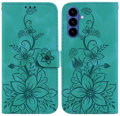 BoekCover Etui Hoes geschikt voor Samsung Galaxy S26 - Turquoise - Lelie - Reliëf