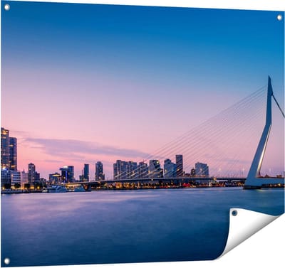 Gards Tuinposter Erasmusbrug in Rotterdam met Zonsondergang - 100x80 cm - Tuindoek - Tuindecoratie - Wanddecoratie buiten - Tuinschilderij