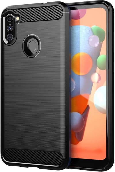 Cadorabo Hoesje geschikt voor Samsung Galaxy A11 / M11 in Brushed Zwart - Beschermhoes van flexibel TPU siliconen in roestvrij staal-carbonvezel look Case Cover