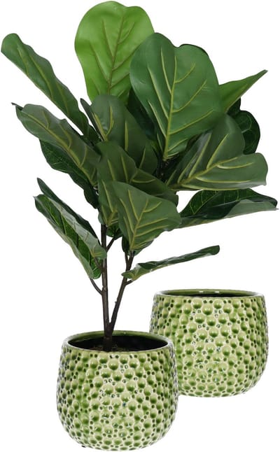 Mega Collections Plantenpot/bloempot Pebblo - 2x - keramiek/geglazuurd - groen - druppels - D15 x H13 cm