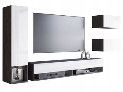 Milo - Woonkamer Set - Wandmeubel met LED - 4-delig - Zwevend - Matera Antraciet & Hoogglans Wit