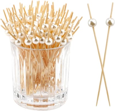 Pack of 100 Cocktail Skewers - Snacks - Finger Food - Cheese Skewers - White Beaded Skewers - 12 cm - Wooden Skewers voor Feesten - Cocktail Decoratie - Gegrild Voedsel