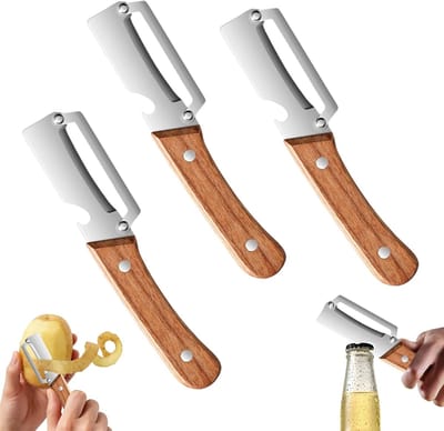 3 stuks multifunctionele groenteschiller, 2-in-1 multifunctionele roestvrijstalen peeler, Zero Snag houten peer met houten handvat en flesopener voor aardappelen, fruit en pompoen met flesopener