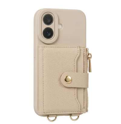 Beige telefoon hoesje met portemonnee en rits geschikt voor iPhone 16 – kunstleer beschermende case voor dames en heren met pasjeshouder, druksluiting, afneembare draagkoord en standaard functie