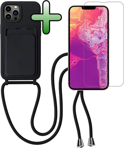 Hoes Geschikt voor iPhone 13 Pro Hoesje Pas Houder Case Hoes Met Koord Met Screenprotector - Hoesje Geschikt voor iPhone 13 Pro Hoes Met Telefoonkoord Pasjeshouder Cover - Zwart